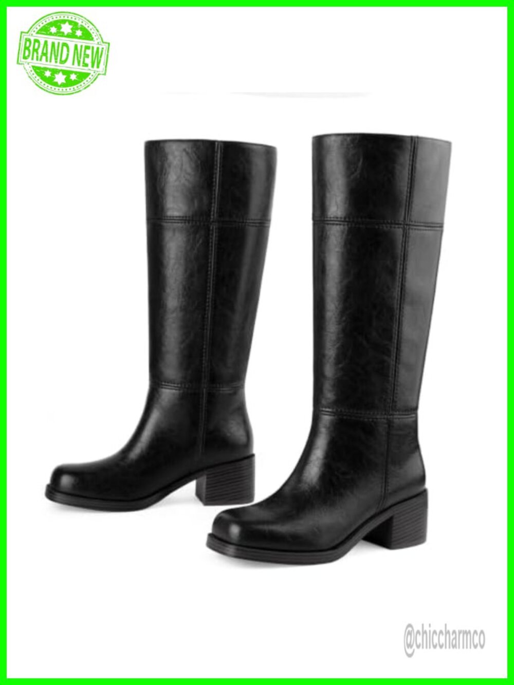 Faux Leather Knee High Boots Square Toe Chunky Block Heel Women's Western